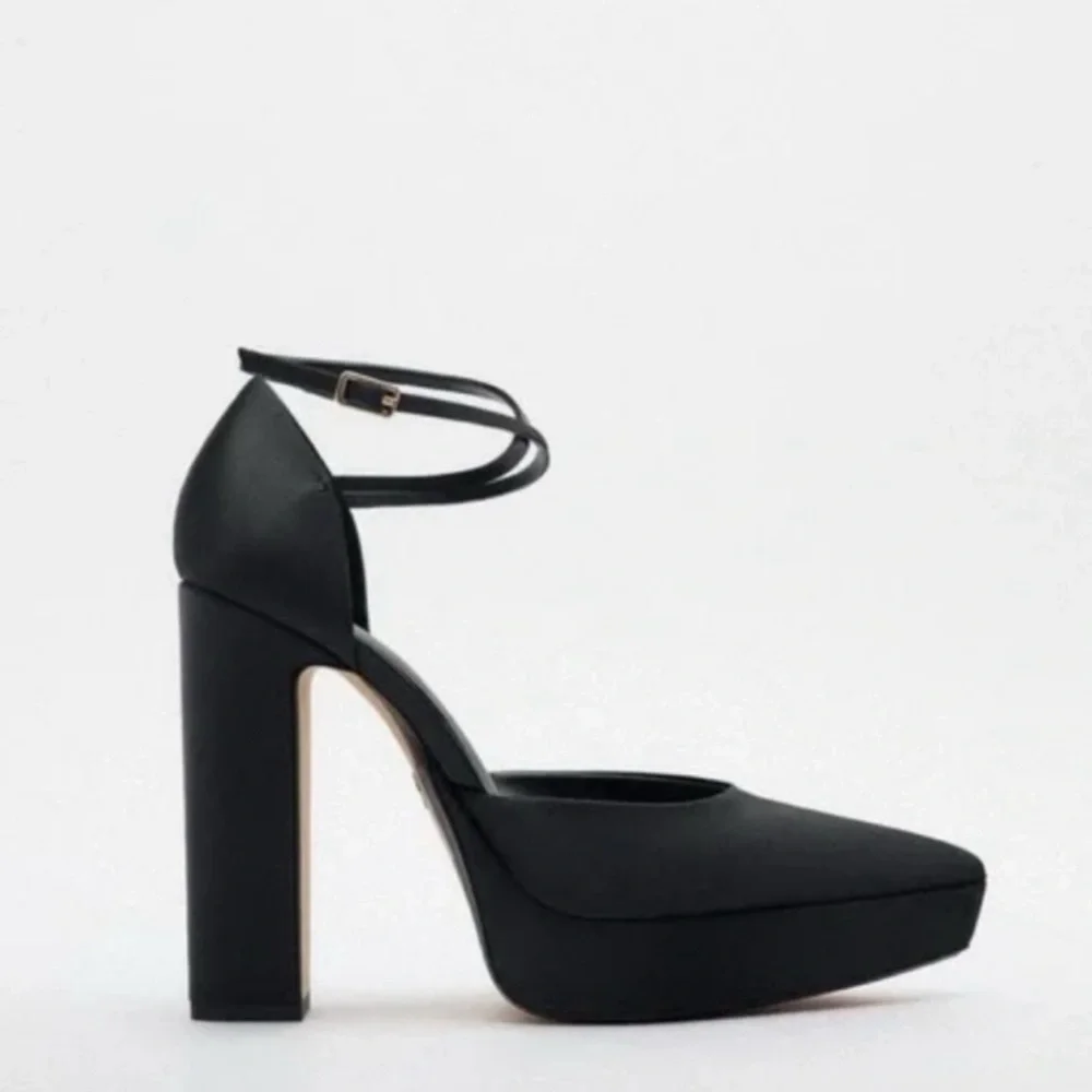 Zara Black Satin Ankle Strap Heels Pumps Pointed Toe 8 (38) - Picture 1 of 9